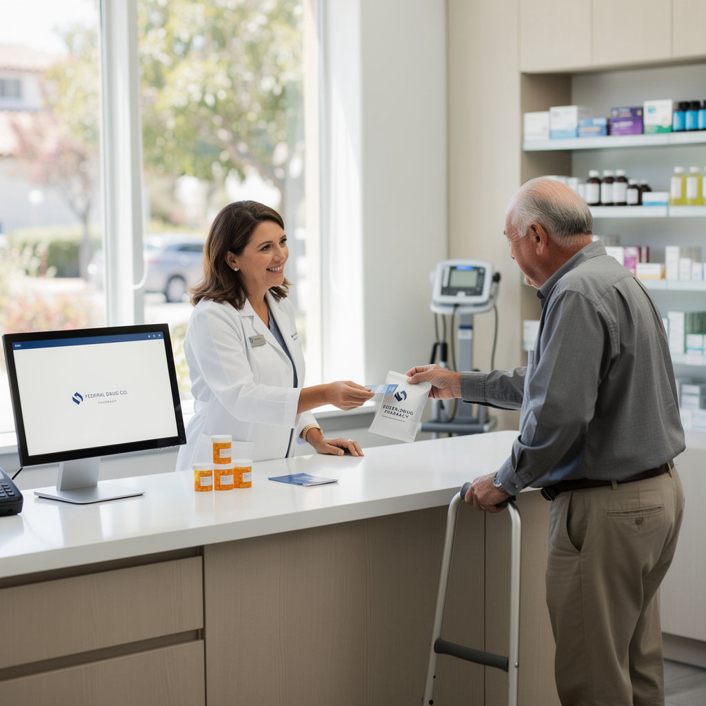 Federal Drug Co. pharmacist in Santa Barbara consulting with a customer about prescription services