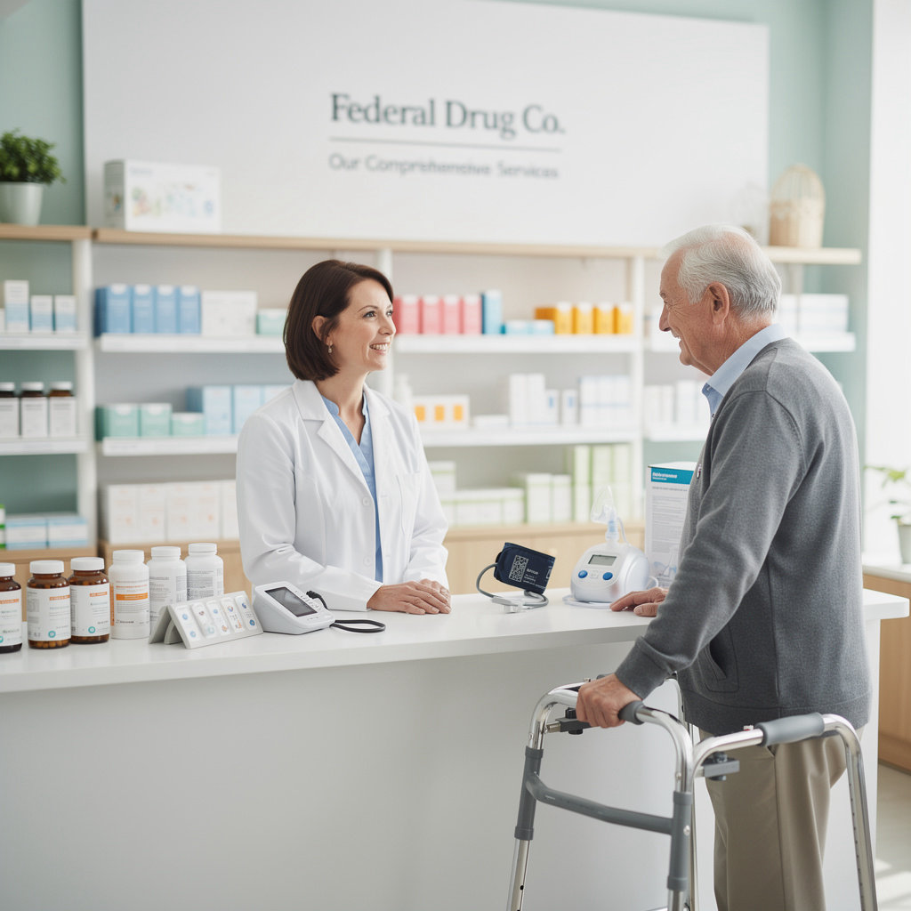 Federal Drug Co. pharmacy team assisting a customer with prescription and medical equipment services in Santa Barbara